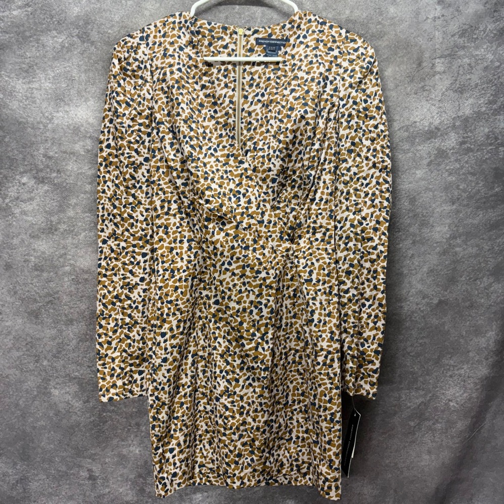 French Connection Animal Print Faux Wrap Mini Dress Size 6 Brown 3/4 Sleeve